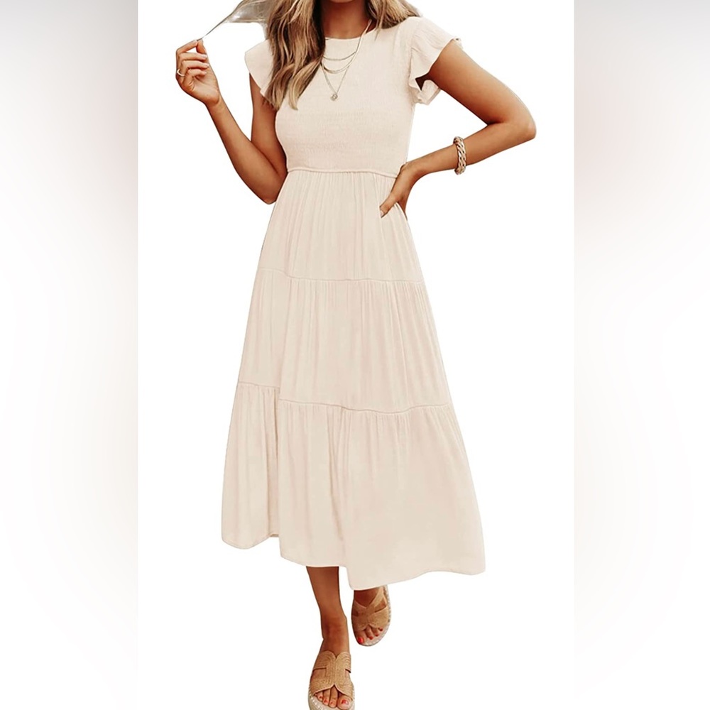 NWTCasual Flutter Short Sleeve Crew Neck Smocked Elastic Waist Tiered Midi Dress